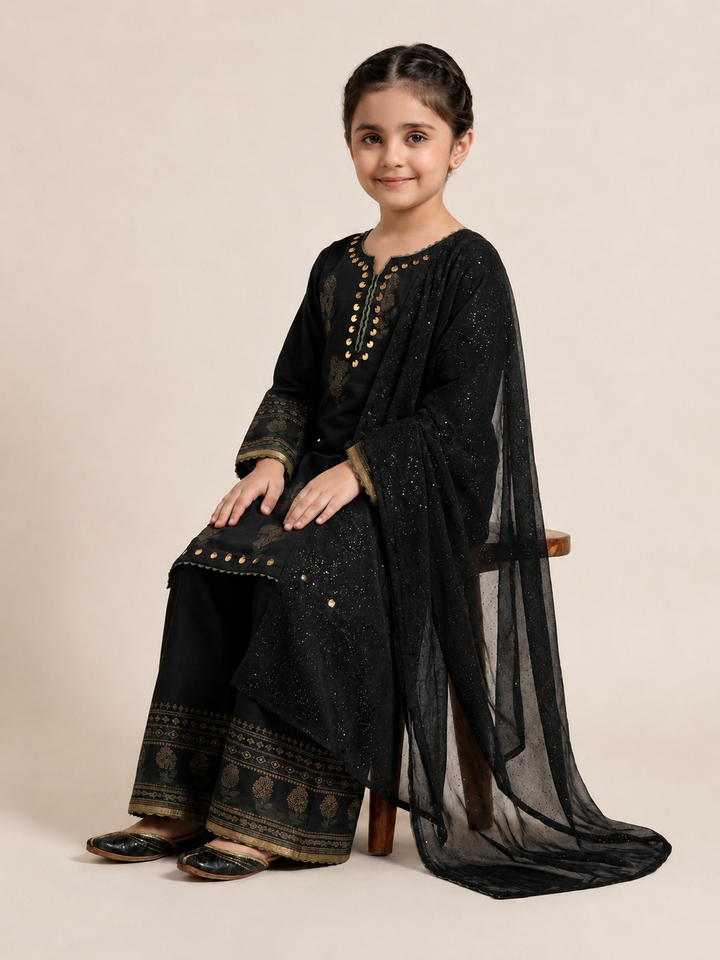 Black Jacquard 3 Piece Suit with Coin Embellished Neckline