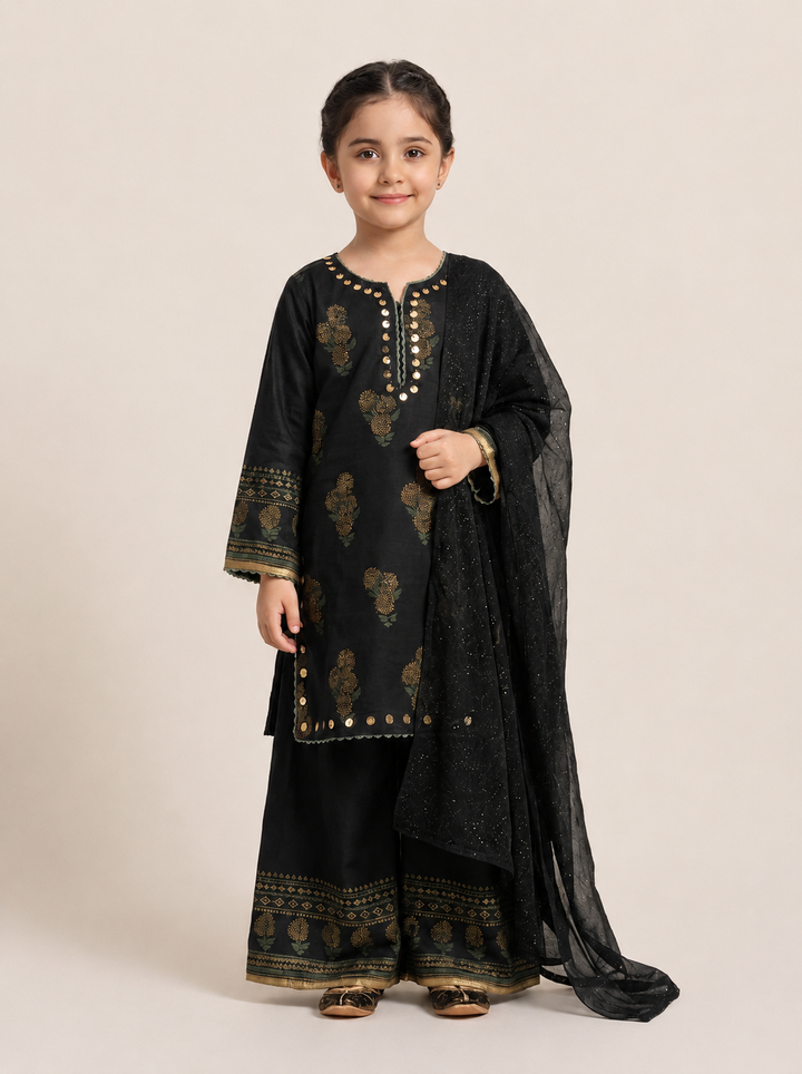Black Jacquard 3 Piece Suit with Coin Embellished Neckline