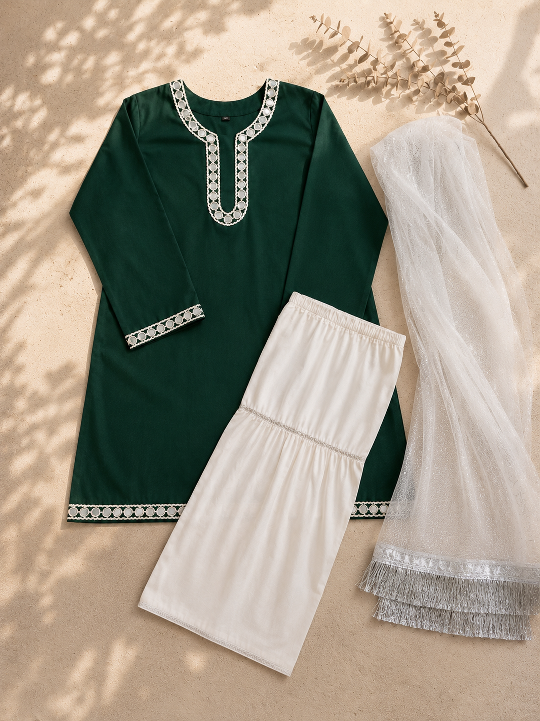 Green Legacy 3-Piece Lawn Suit With Mirror Lace &amp; Silver Detailing