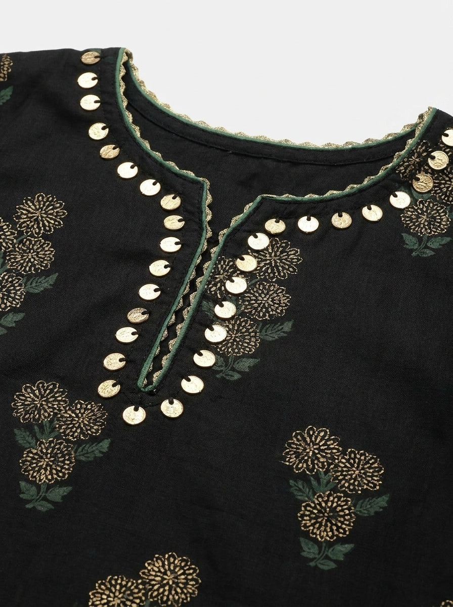 Black Jacquard 3 Piece Suit with Coin Embellished Neckline