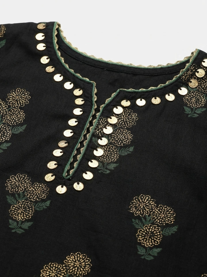 Black Jacquard 3 Piece Suit with Coin Embellished Neckline