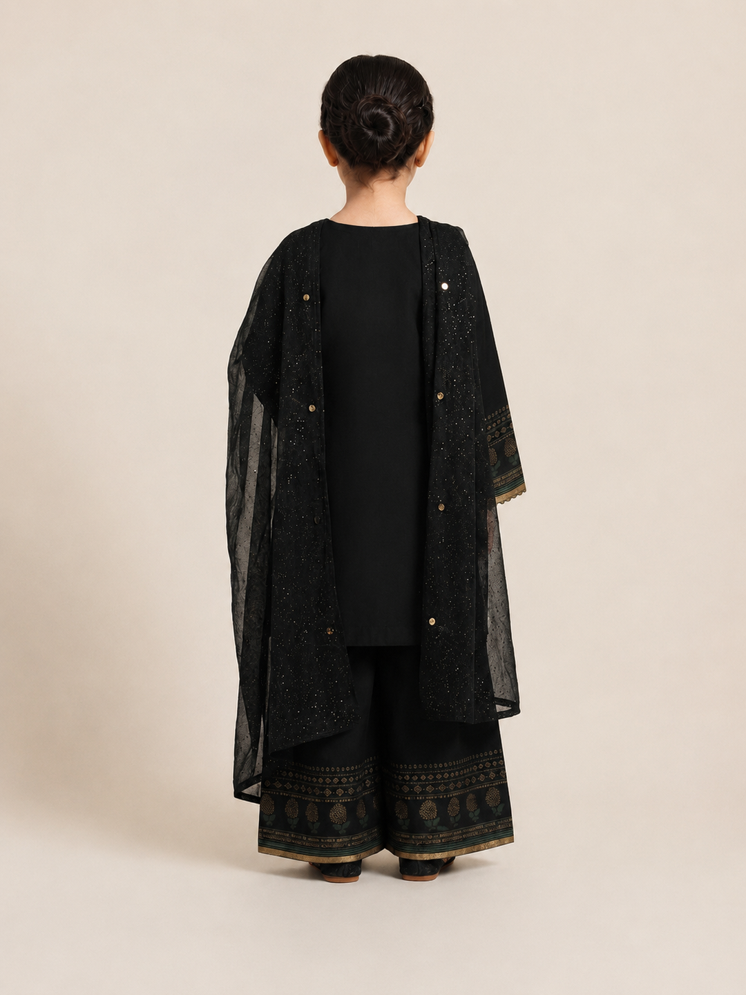Black Jacquard 3 Piece Suit with Coin Embellished Neckline