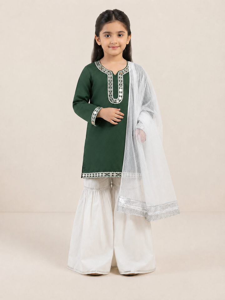 Green Legacy 3-Piece Lawn Suit With Mirror Lace &amp; Silver Detailing