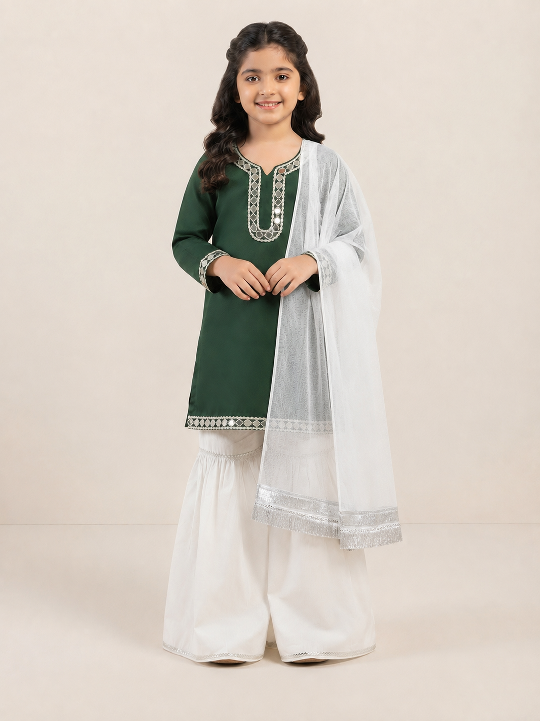 Green Legacy 3-Piece Lawn Suit With Mirror Lace &amp; Silver Detailing