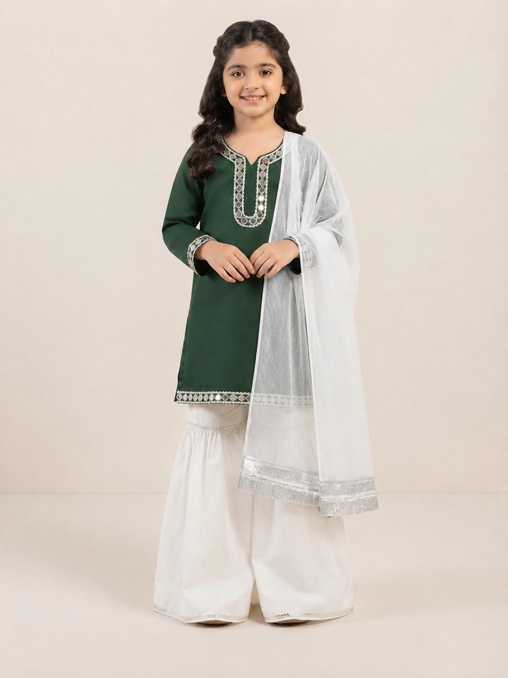 Green Legacy 3-Piece Lawn Suit With Mirror Lace &amp; Silver Detailing