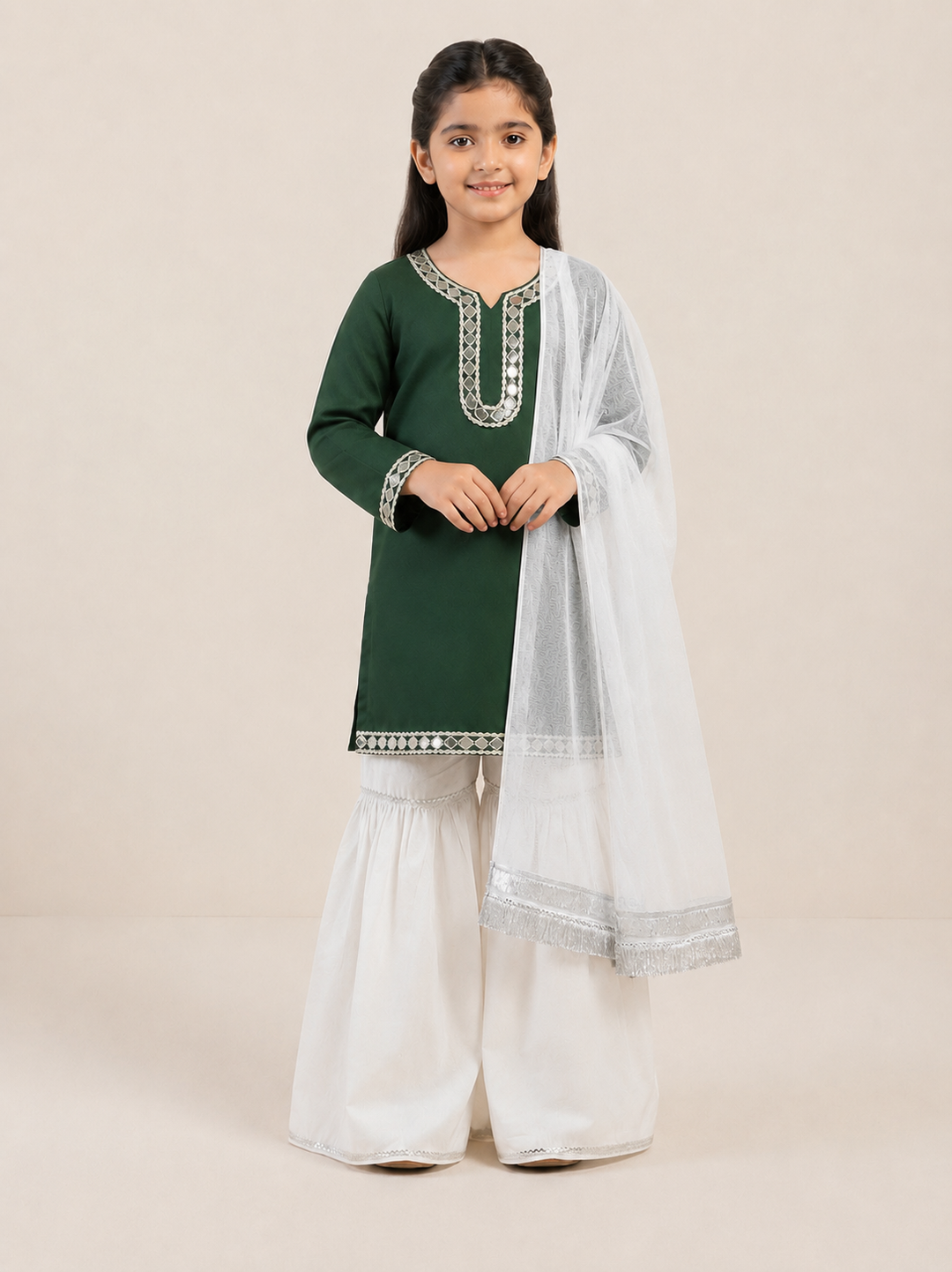 Green Legacy 3-Piece Lawn Suit With Mirror Lace &amp; Silver Detailing